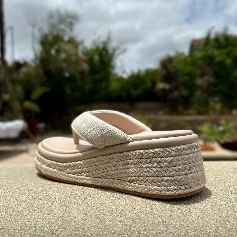 BAMBOO Cream Platform Espadrille Thong Sandals